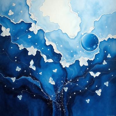 The primary subject of the image is a tree with a blue sky background. The tree is adorned with butterflies, creating a whimsical and artistic scene. The visual style of the image is digital art, as it appears to be a painting or drawing created using digital tools. The colors and mood of the image are predominantly blue, with the blue sky and butterflies adding a sense of tranquility and beauty to the scene.